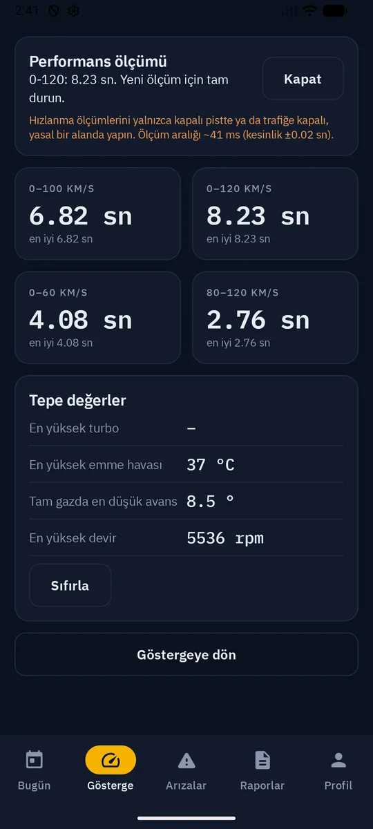 KADRAN performans ölçümü ekranı: 0–60, 0–100, 0–120 ve 80–120 km/s süreleri, tepe turbo, avans ve emme havası değerleri